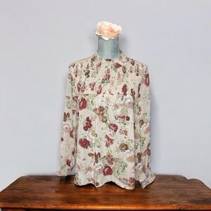 Love X Design Top Womens Size Large Blush Floral Semi Sheer Long Sleeve